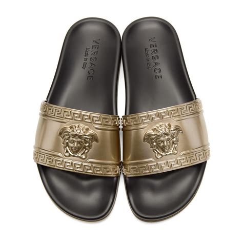 versace medusa embossed slip-on slides|Versace Medusa detail round heels.